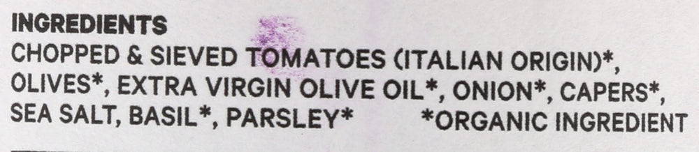 Seggiano puttanesca sauce ingredients close-up showing olives and capers contributing bold flavor.