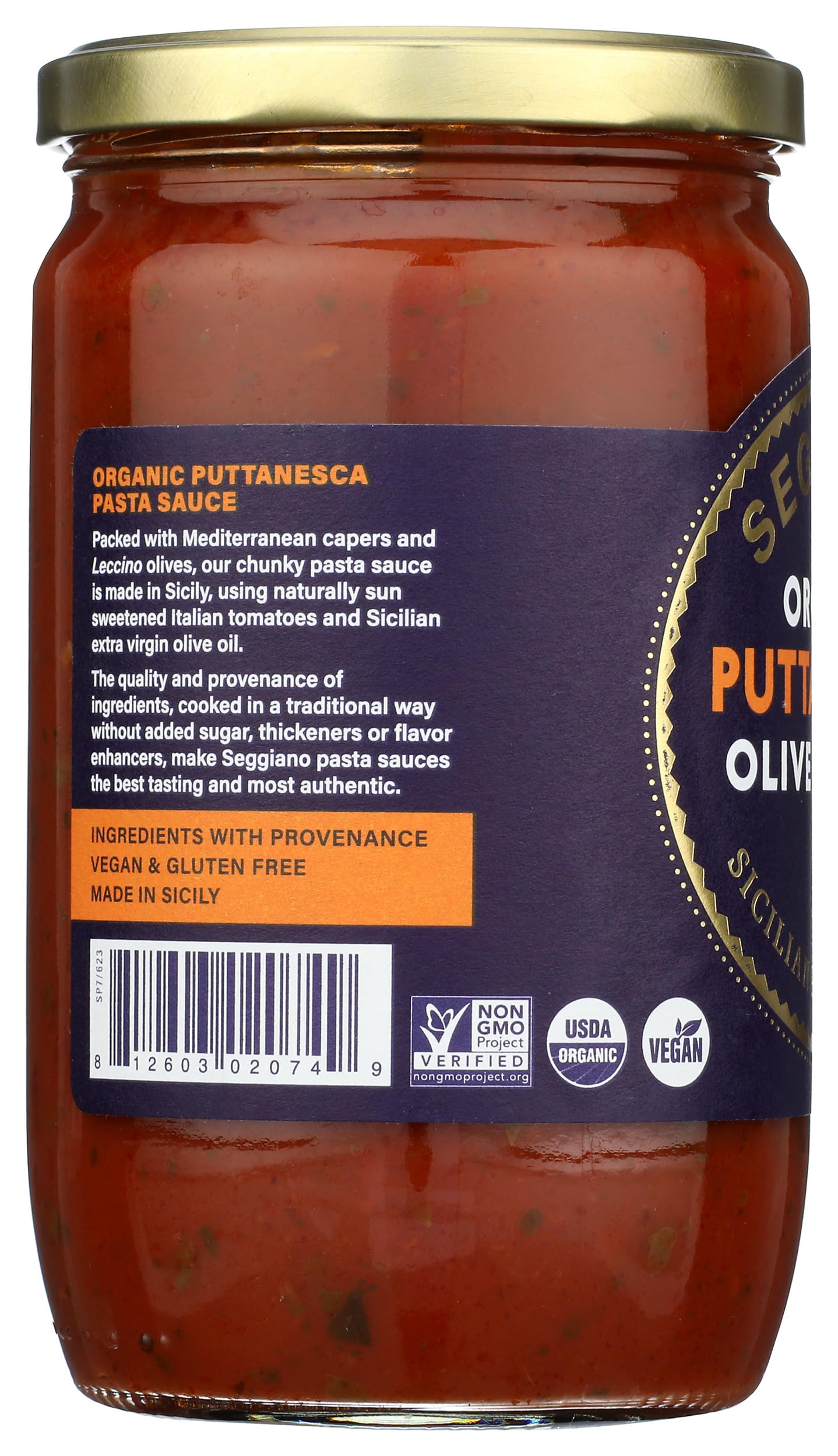 Seggiano organic puttanesca sauce label close-up with brand and organic quality.