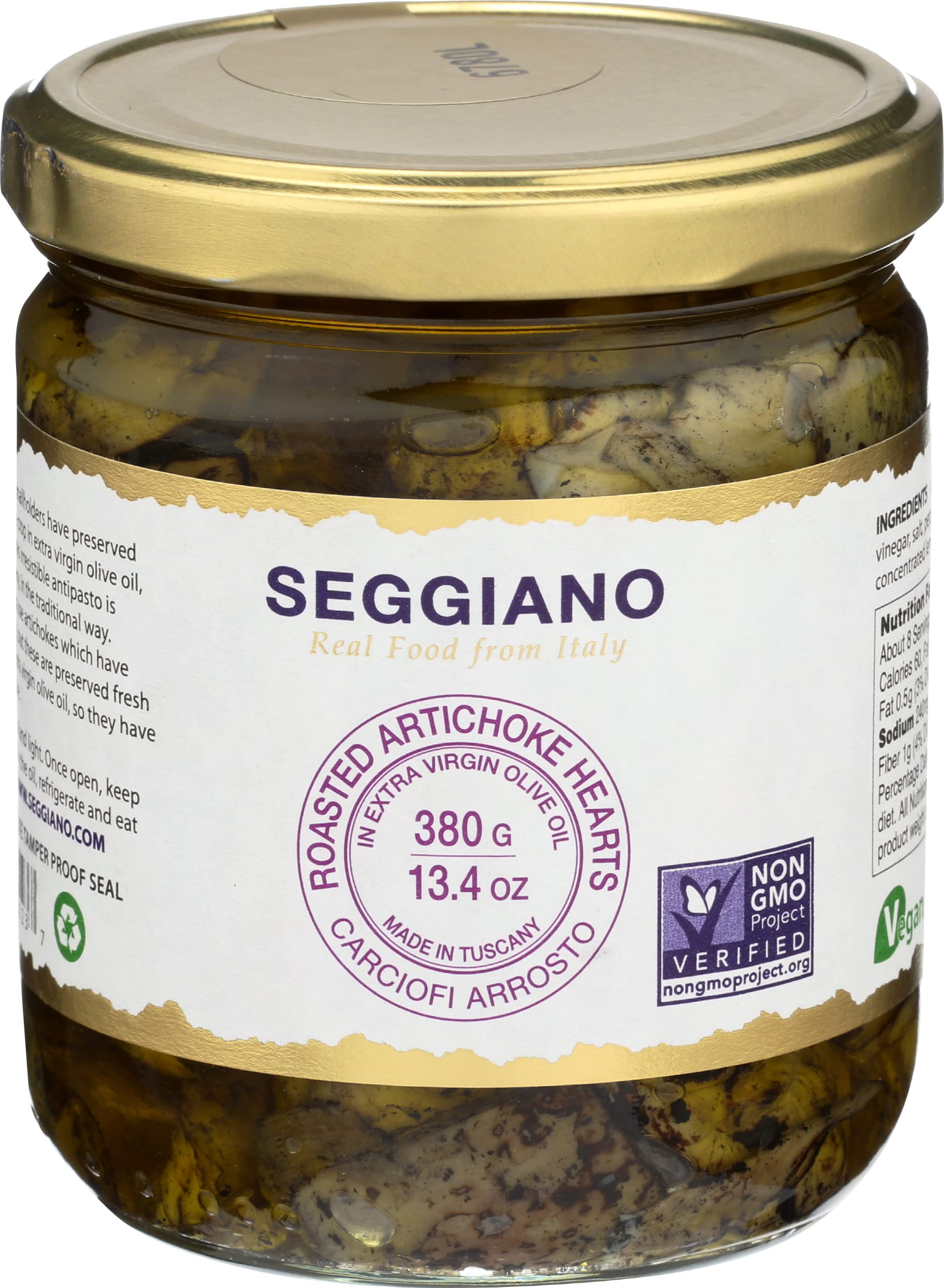 Seggiano roasted artichoke hearts in jar, vibrant color ready for antipasto.