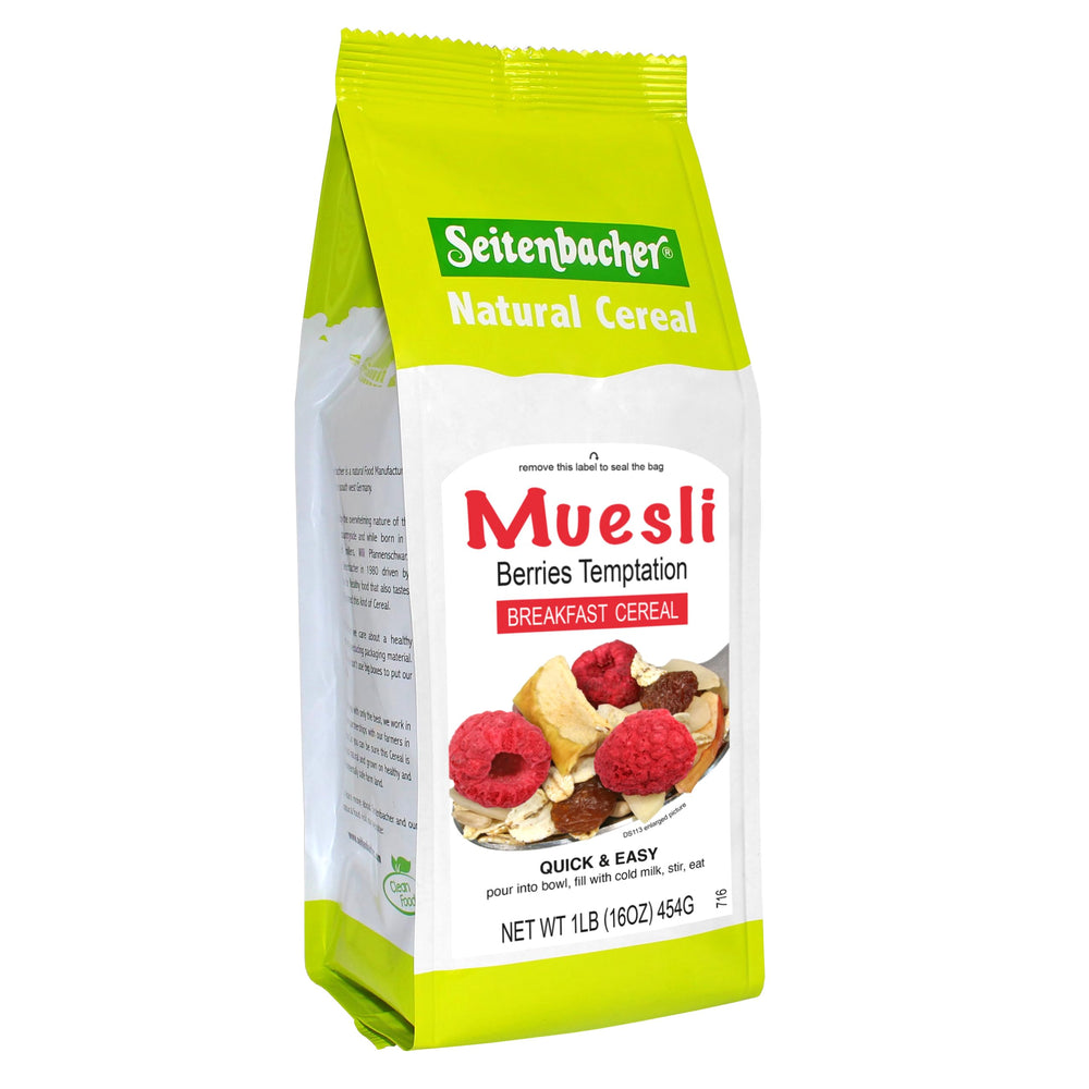 Seitenbacher Berries Temptation muesli packshot with natural grains and protein potential