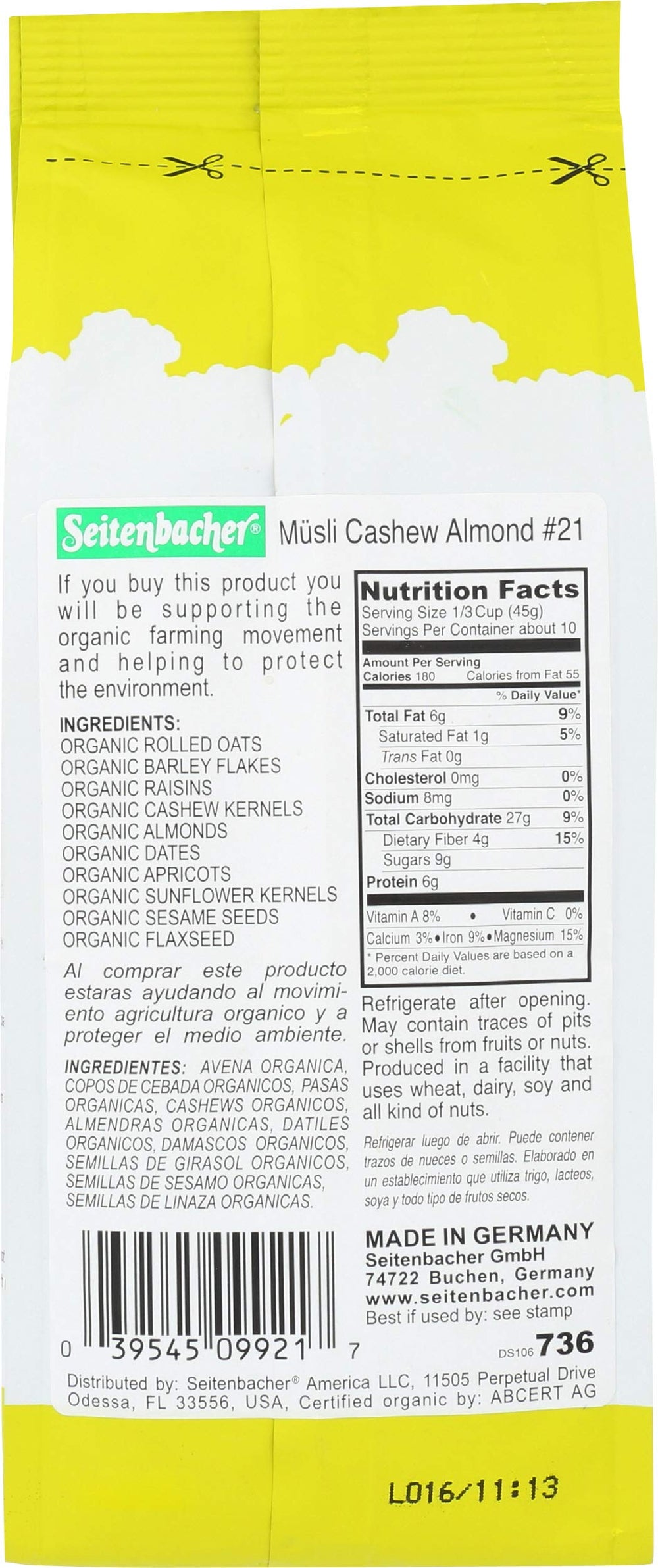 Seitenbacher Muesli No21 closeup showing almonds, cashews, apricots texture