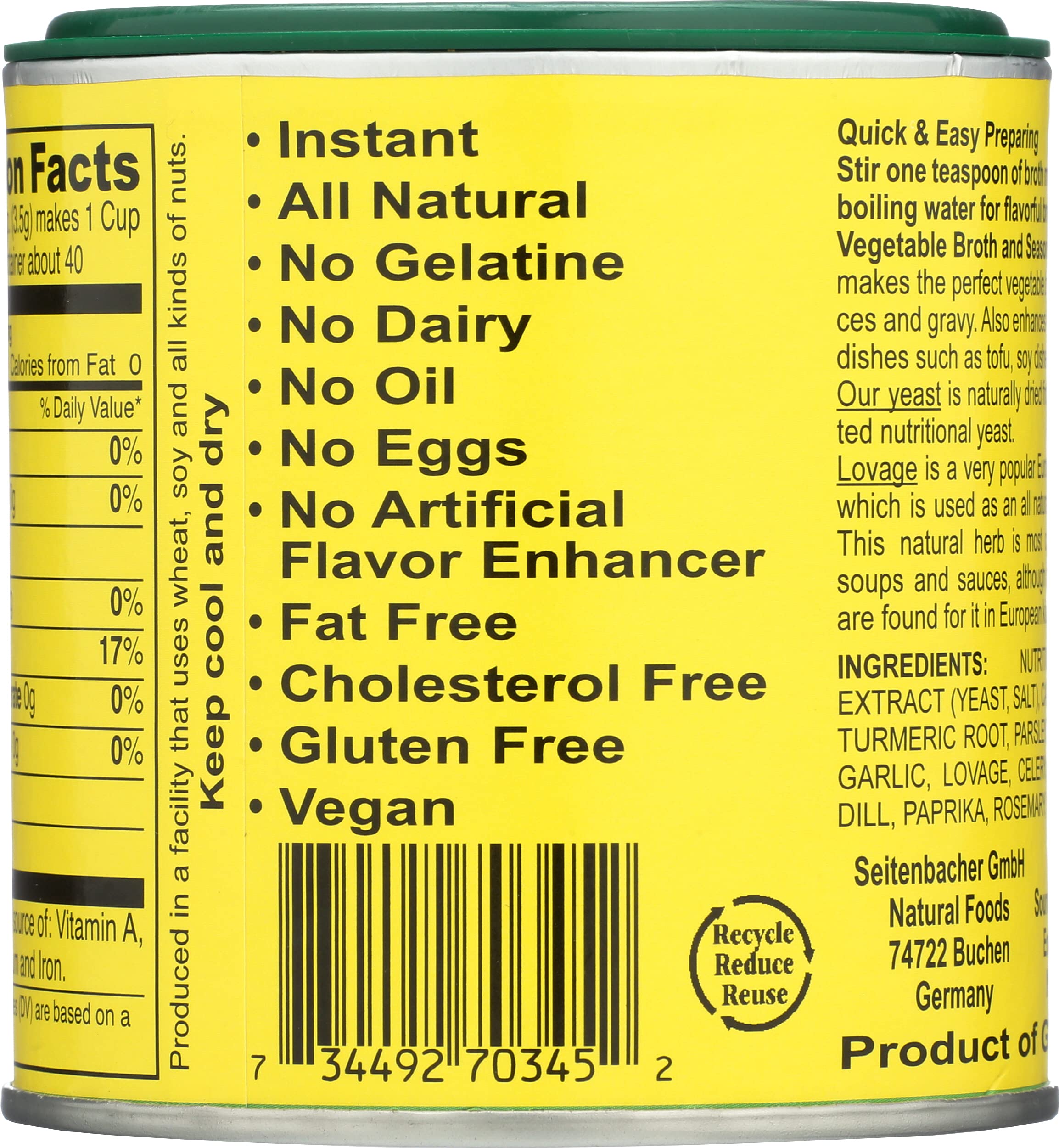 Seitenbacher can back shows ingredients and sustainable sourcing details.