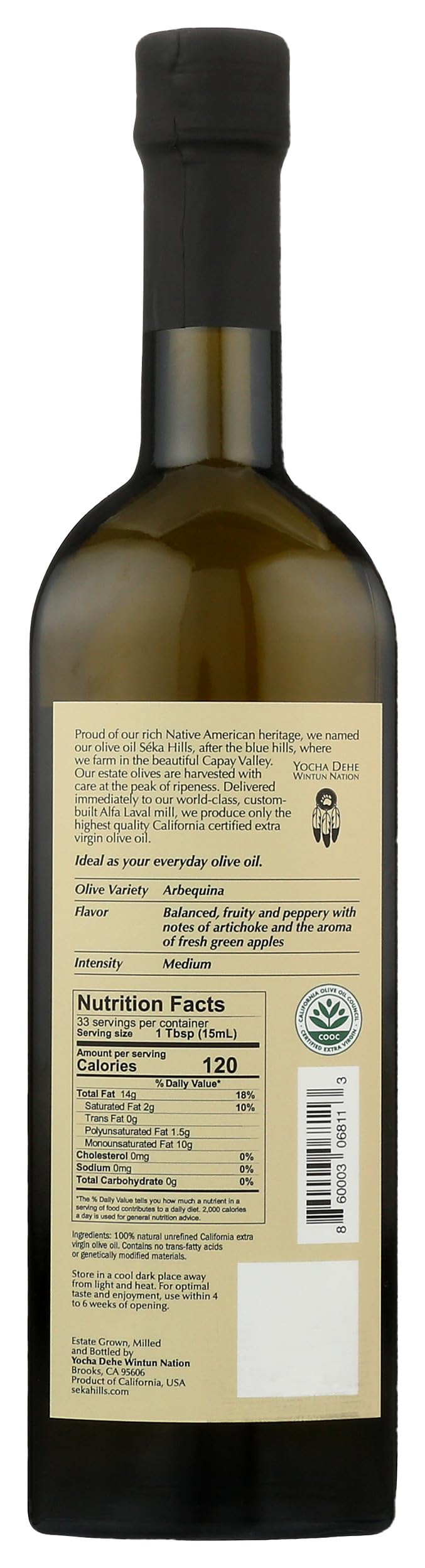 Seka Hills Estate Arbequina EVOO label closeup showcases quality and authentic Capay Valley origin.
