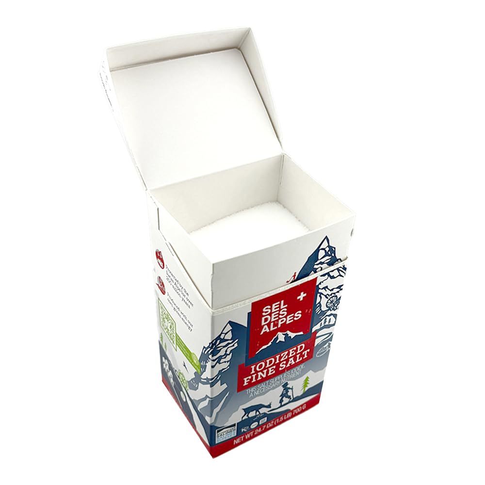Pantry-ready SEL DES ALPES iodized salt canister on shelf