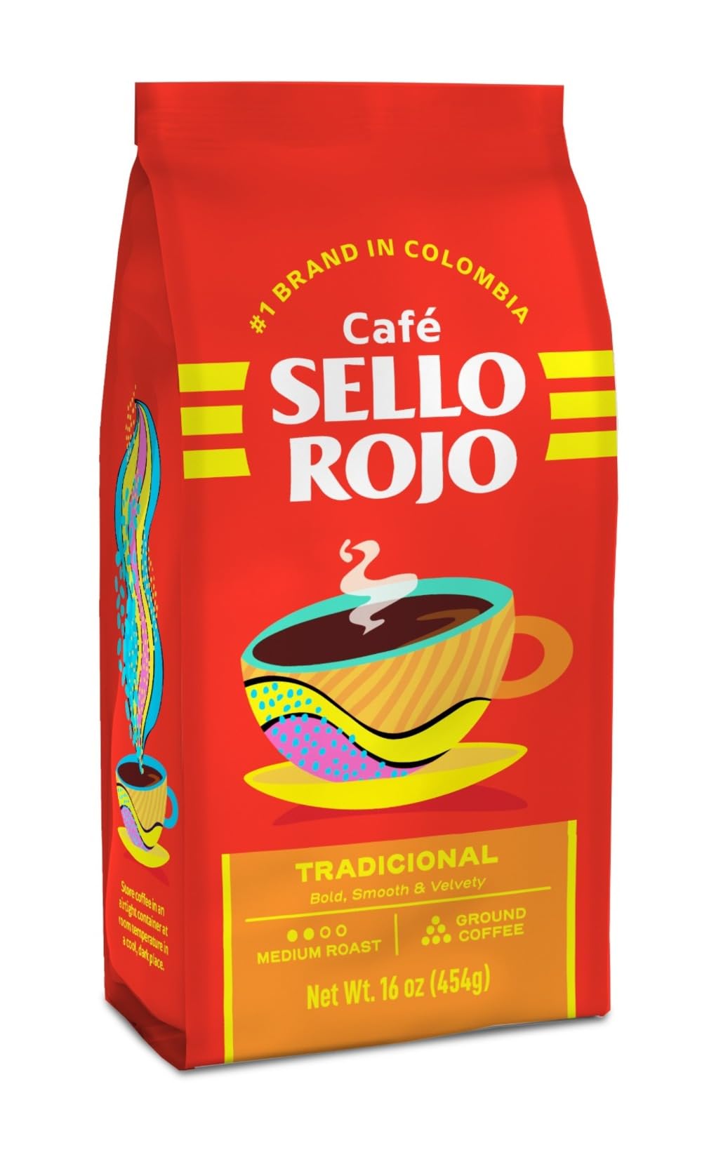Sello Rojo Tradicional Medium Roast Ground Coffee 16oz bag with rich aroma and smooth flavor.