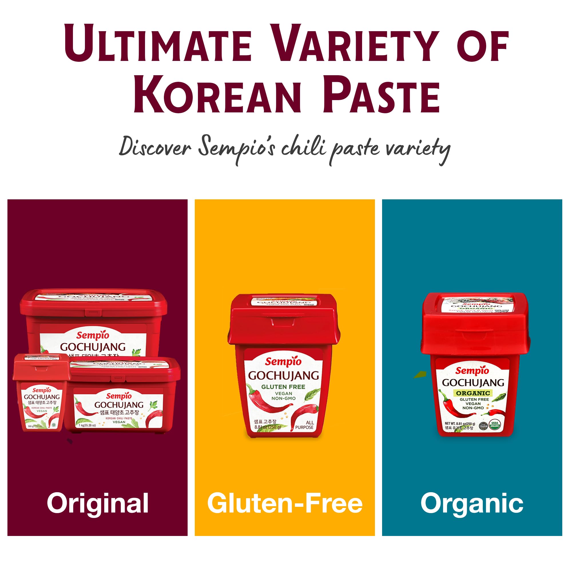 Sempio Organic Gochujang packaging eco-friendly box highlighting organic and non-GMO claims.