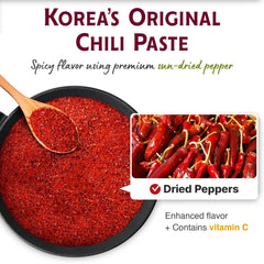 Sempio Organic Gochujang sauce streak over plate suggesting glaze and marinades.