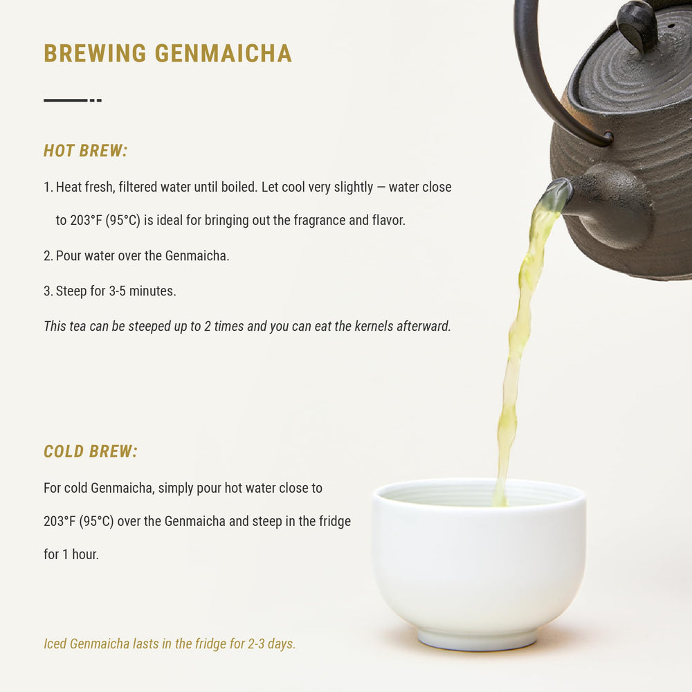Popcorn-like mochi pieces from Senbird Genmaicha add texture to tea.