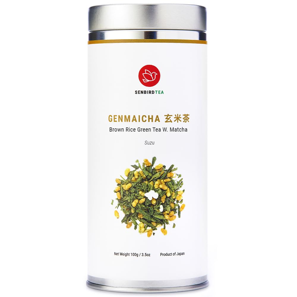 Senbird Genmaicha tea tin 100g showcasing premium packaging for freshness
