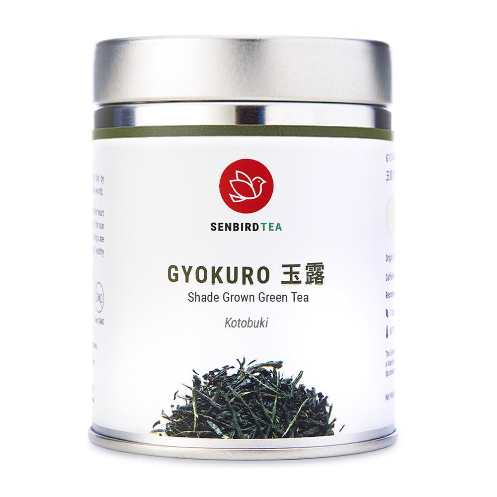 Senbird Gyokuro imperial loose leaf in tin, premium quality for refined brewing.