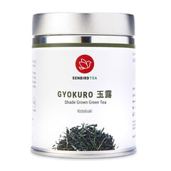 Senbird Gyokuro imperial loose leaf in tin, premium quality for refined brewing.