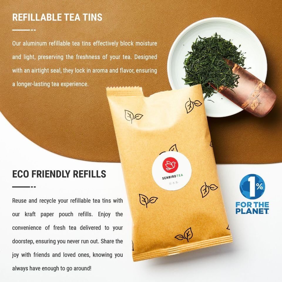 Senbird Gyokuro recyclable tin packaging reduces waste.