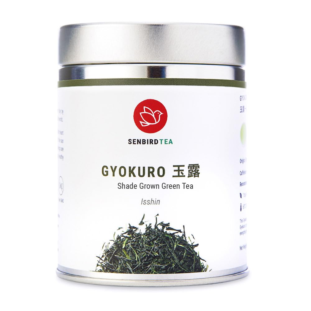 Senbird Gyokuro tea tin preserves freshness for premium leaves.