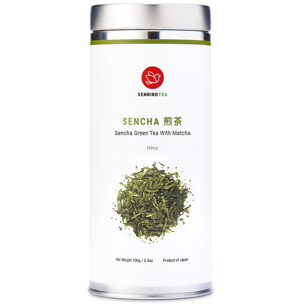 Senbird Premium Sencha with Matcha tea tin gleaming with vibrant green color, preserving freshness.