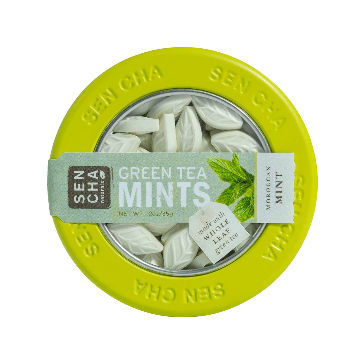 SENCHA NATURALS Green Tea Mints front view, sugar-free breath freshener on the go