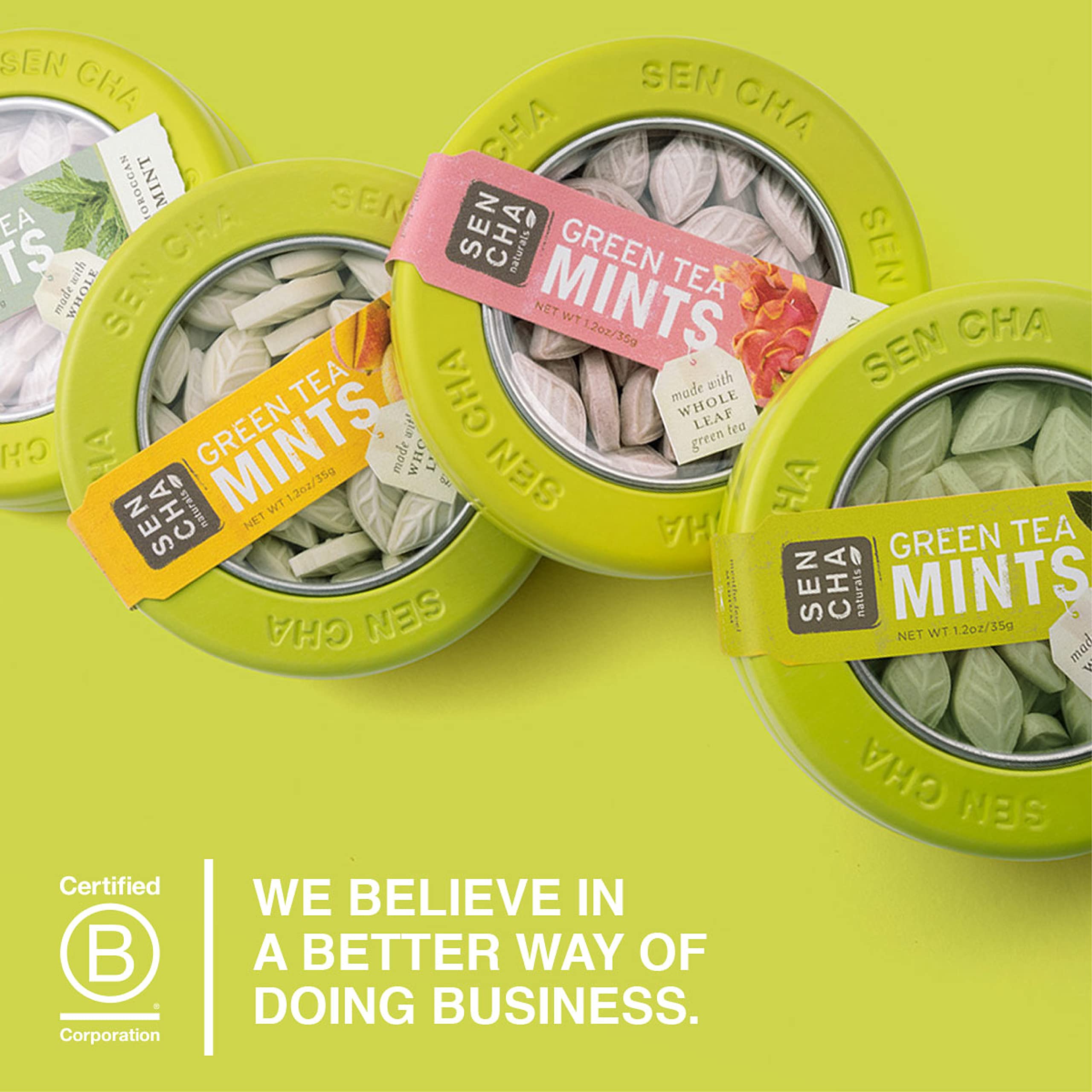 SENCHA NATURALS Green Tea Mints pack close-up, compact travel tin