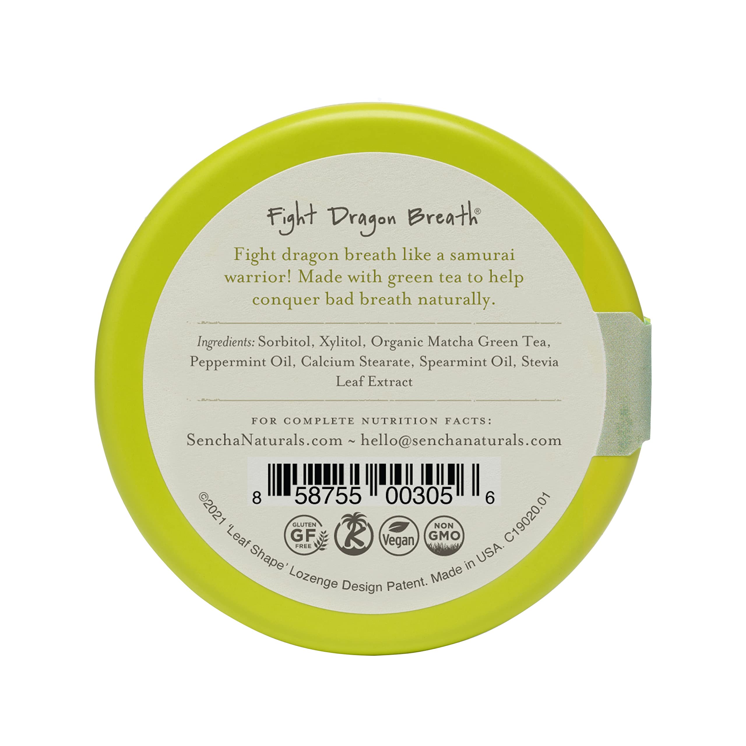 SENCHA NATURALS Green Tea Mints packaging highlights organic matcha ingredients