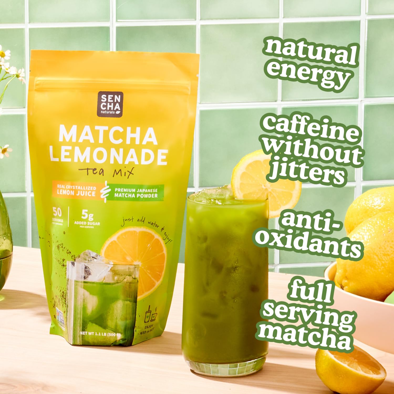 Sencha Naturals iced lemonade pitcher highlights refreshing, flavorful cold beverages.