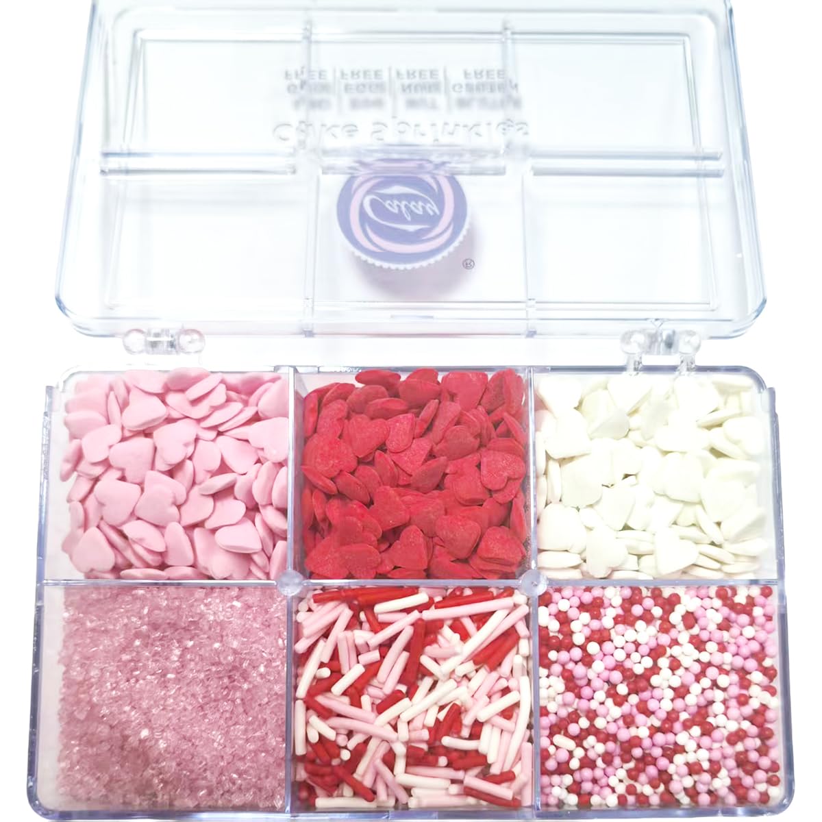 Senchanting white heart sprinkles for elegant Valentine dessert designs.