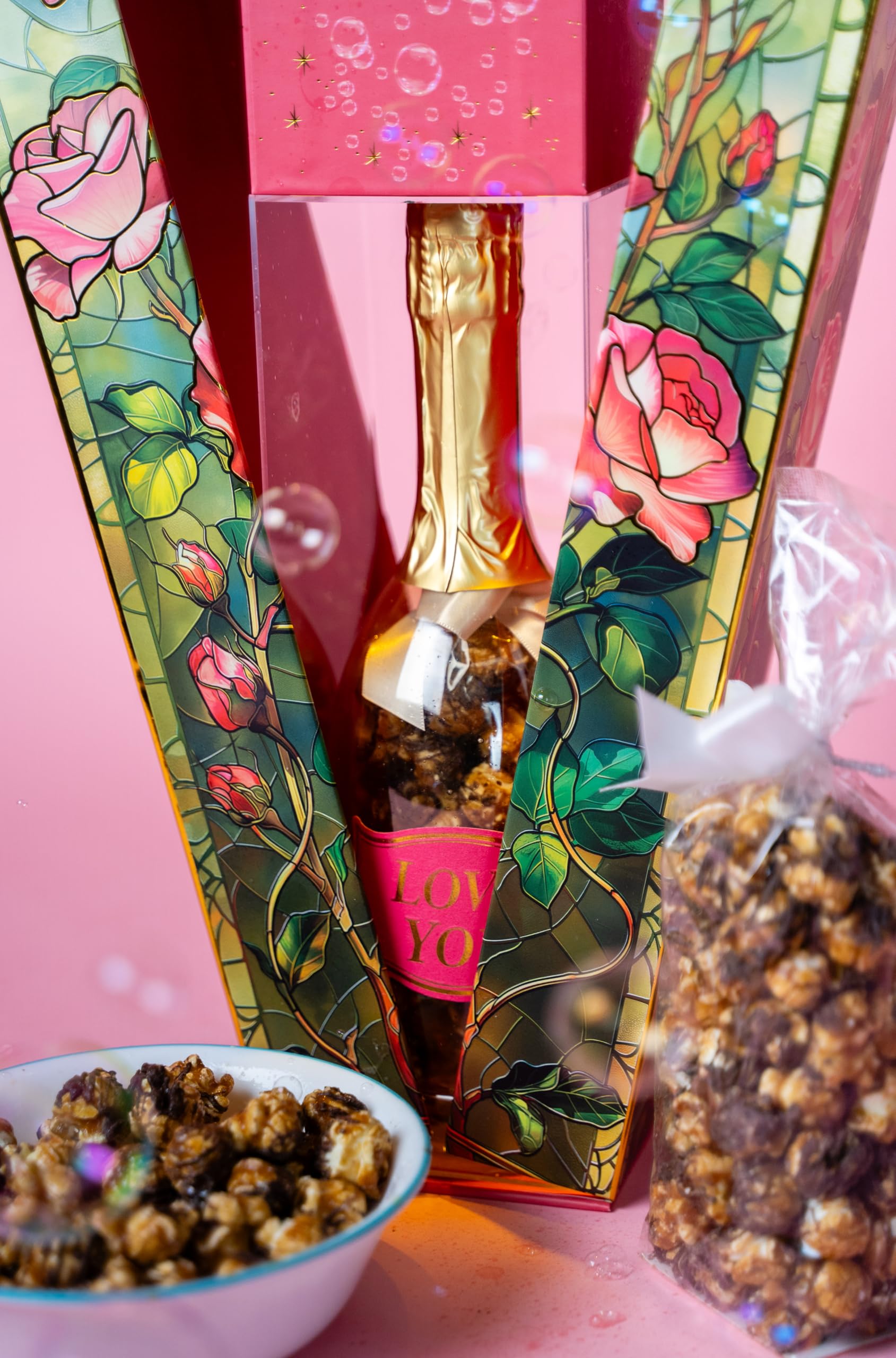 Birthday popcorn with caramel and chocolate from Send A Cake package.