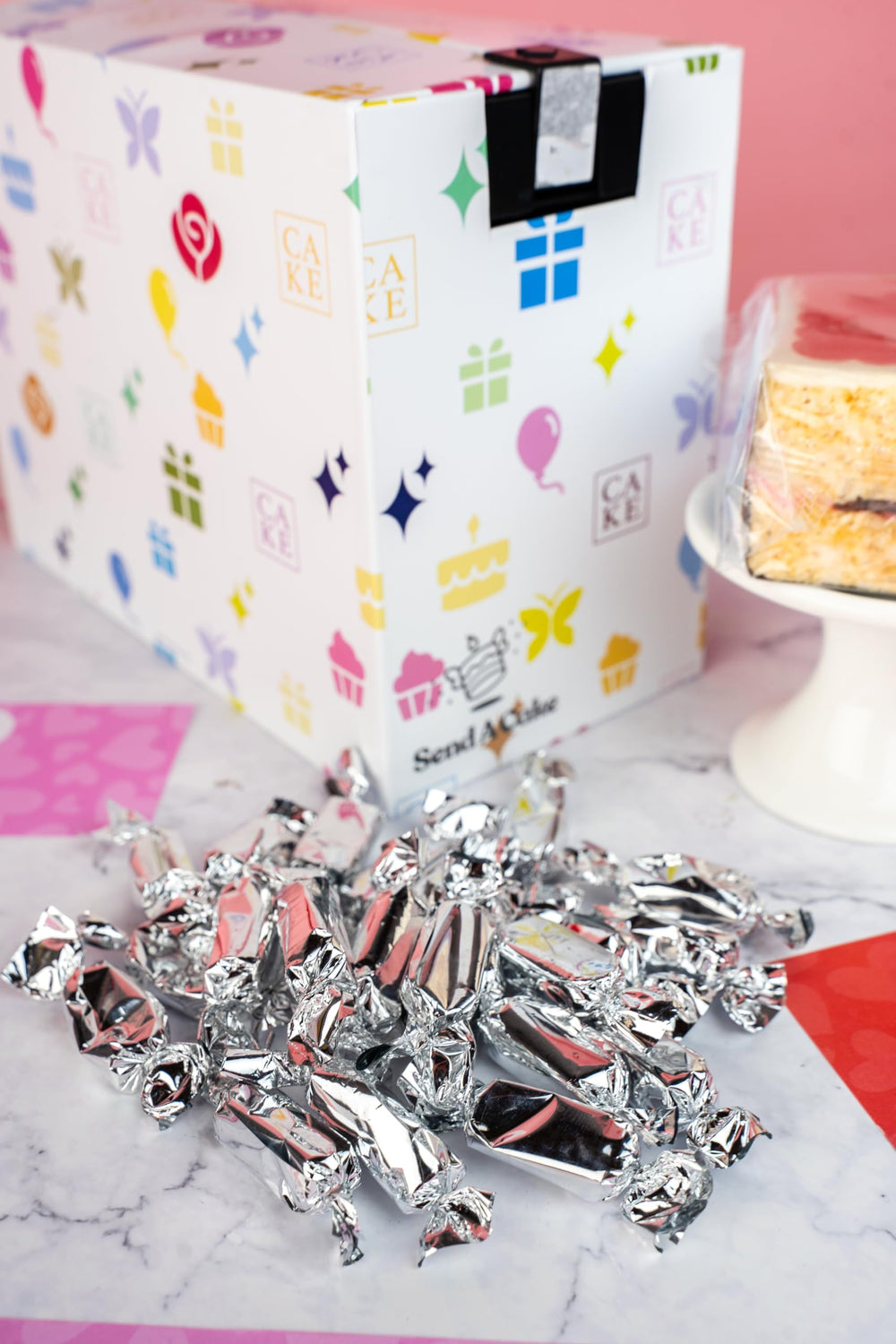 Send A Cake gift box ready to deliver for a complete surprise.