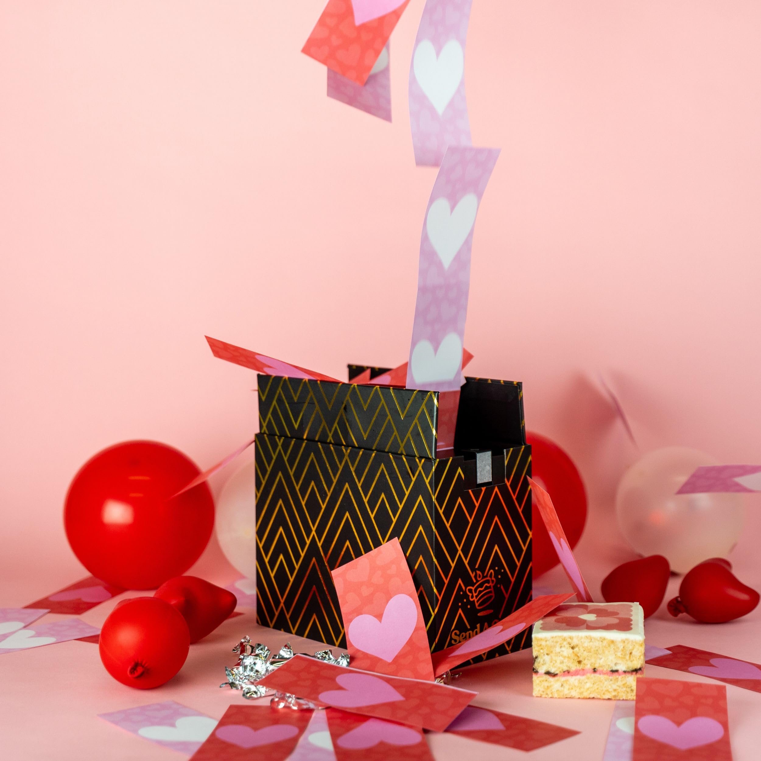 Send A Cake Luxe Love Shower Box gold box—perfect for a romantic birthday surprise.