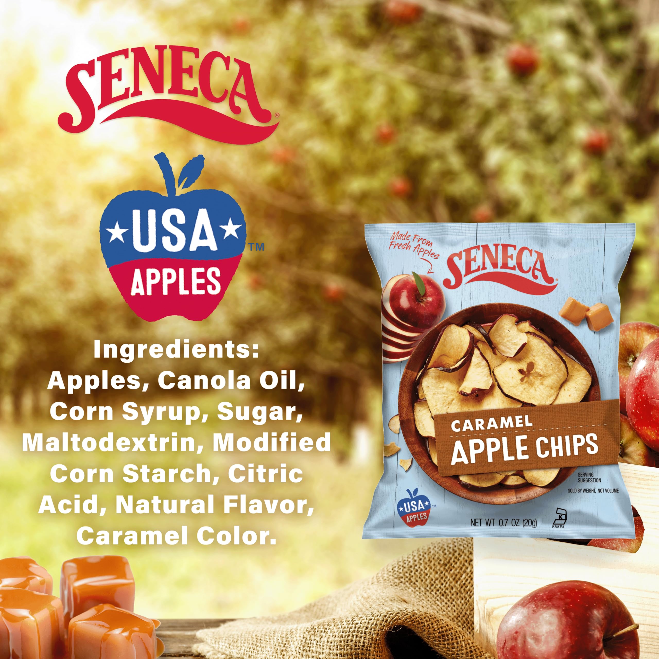 Seneca Caramel Apple Chips USA-grown fruit celebrates local orchards.