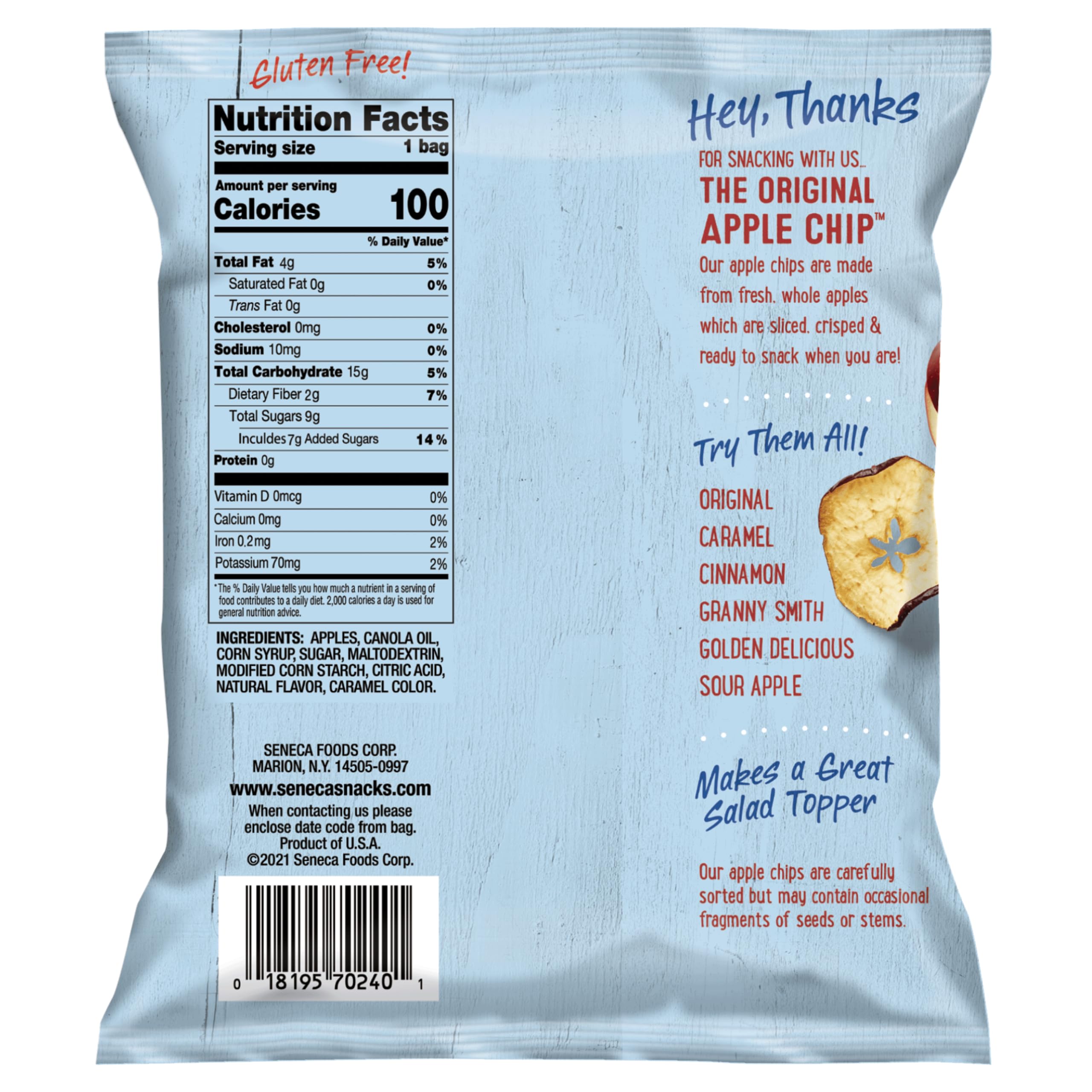 Seneca Caramel Apple Chips Yakima-Valley origin highlights fresh Red Delicious apples.