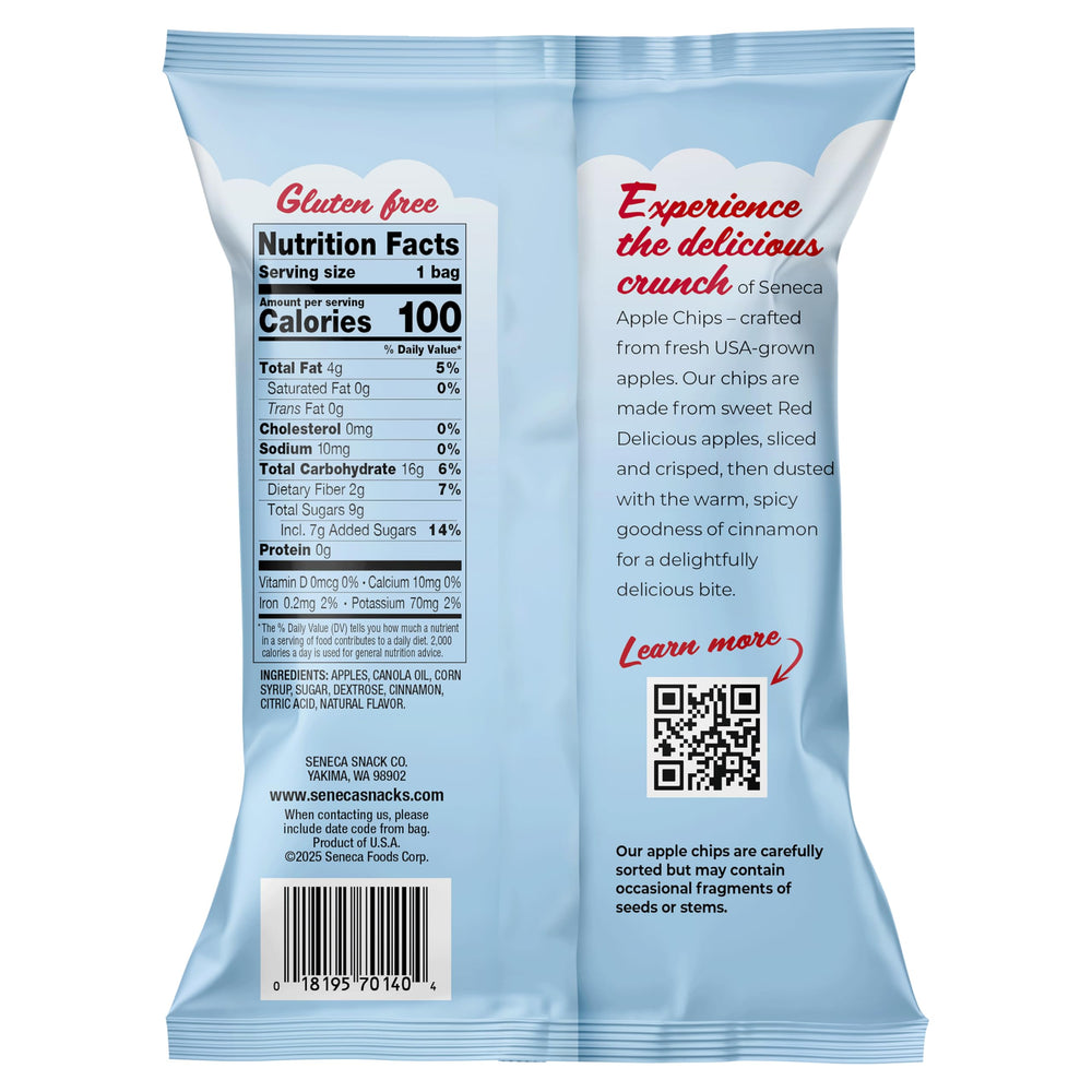 Seneca Cinnamon Apple Chips crisped apple slices offer a crunchy bite.