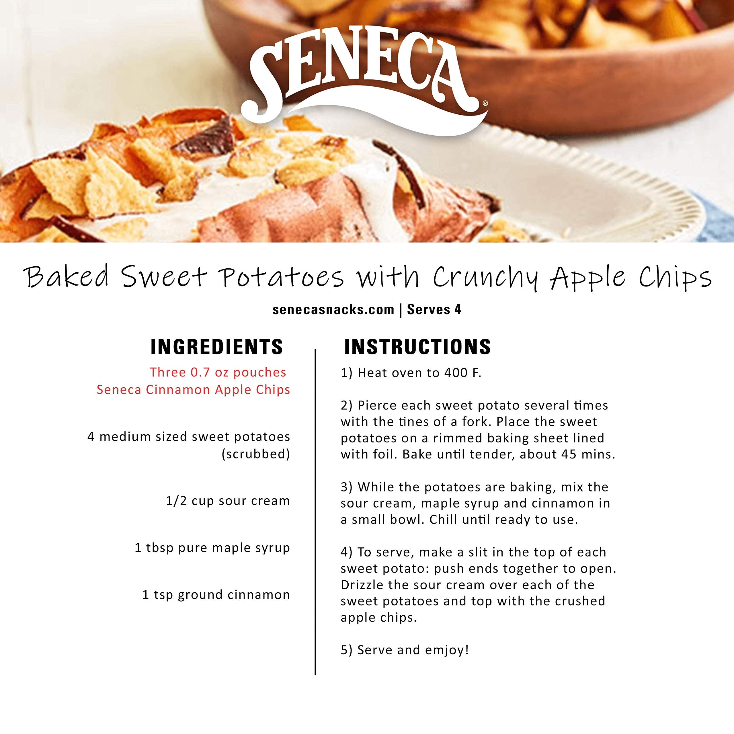 Seneca Cinnamon Apple Chips foil-fresh-bag seals in flavor for lasting enjoyment.