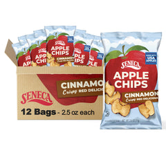 Seneca Cinnamon Apple Chips in a foil-fresh bag offer on-the-go snacking with lasting freshness.