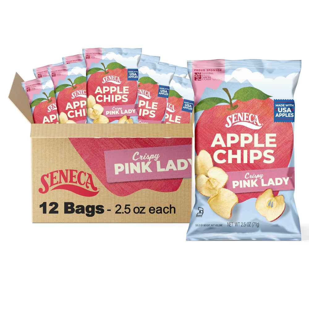 Seneca Pink Lady Apple Chips packaging front for easy snacking