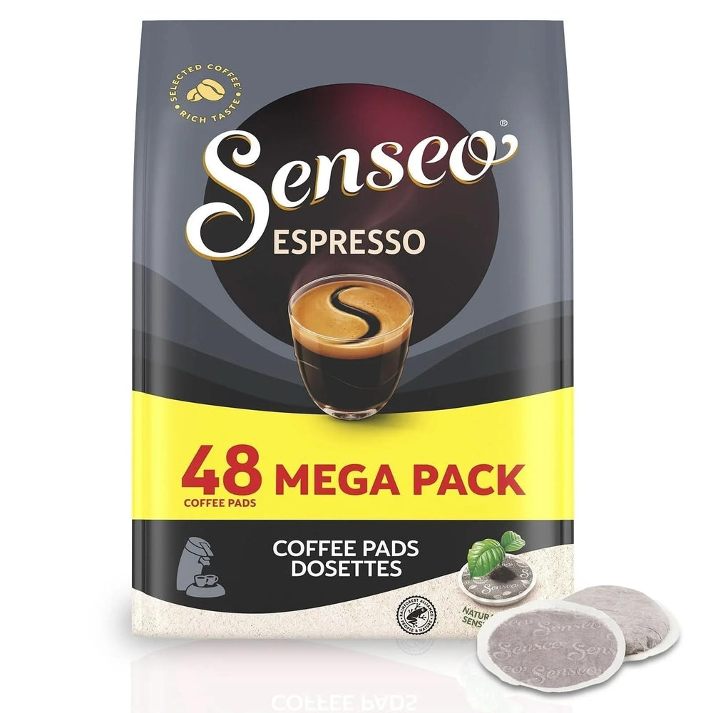 Senseo espresso pods 48-count pack—bold dark roast aroma for café-style mornings.