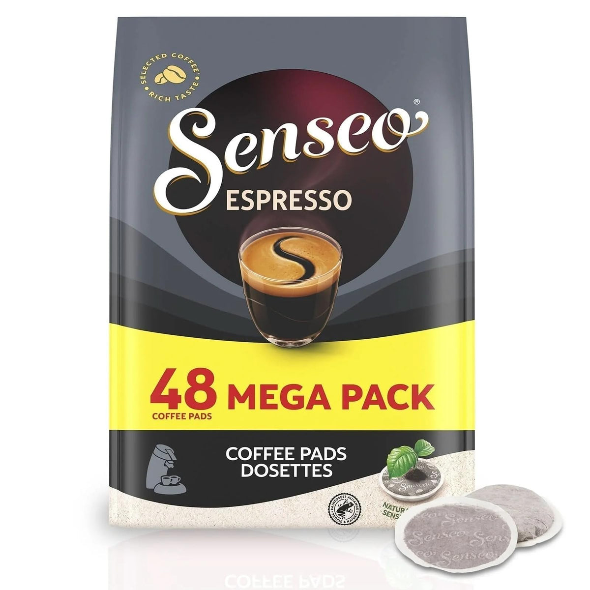 Senseo espresso pods 48-count pack—bold dark roast aroma for café-style mornings.