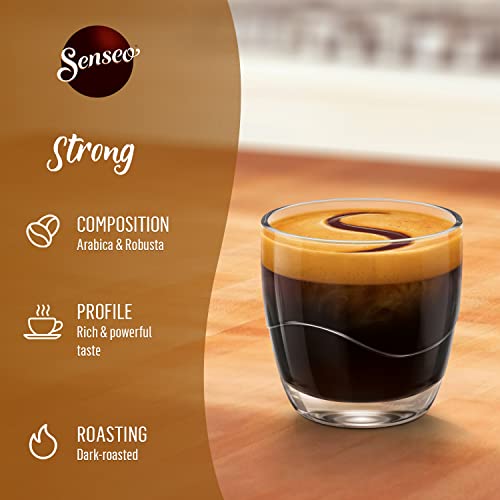 Hot cup of Senseo Strong Dark Roast with a smooth crema finish.