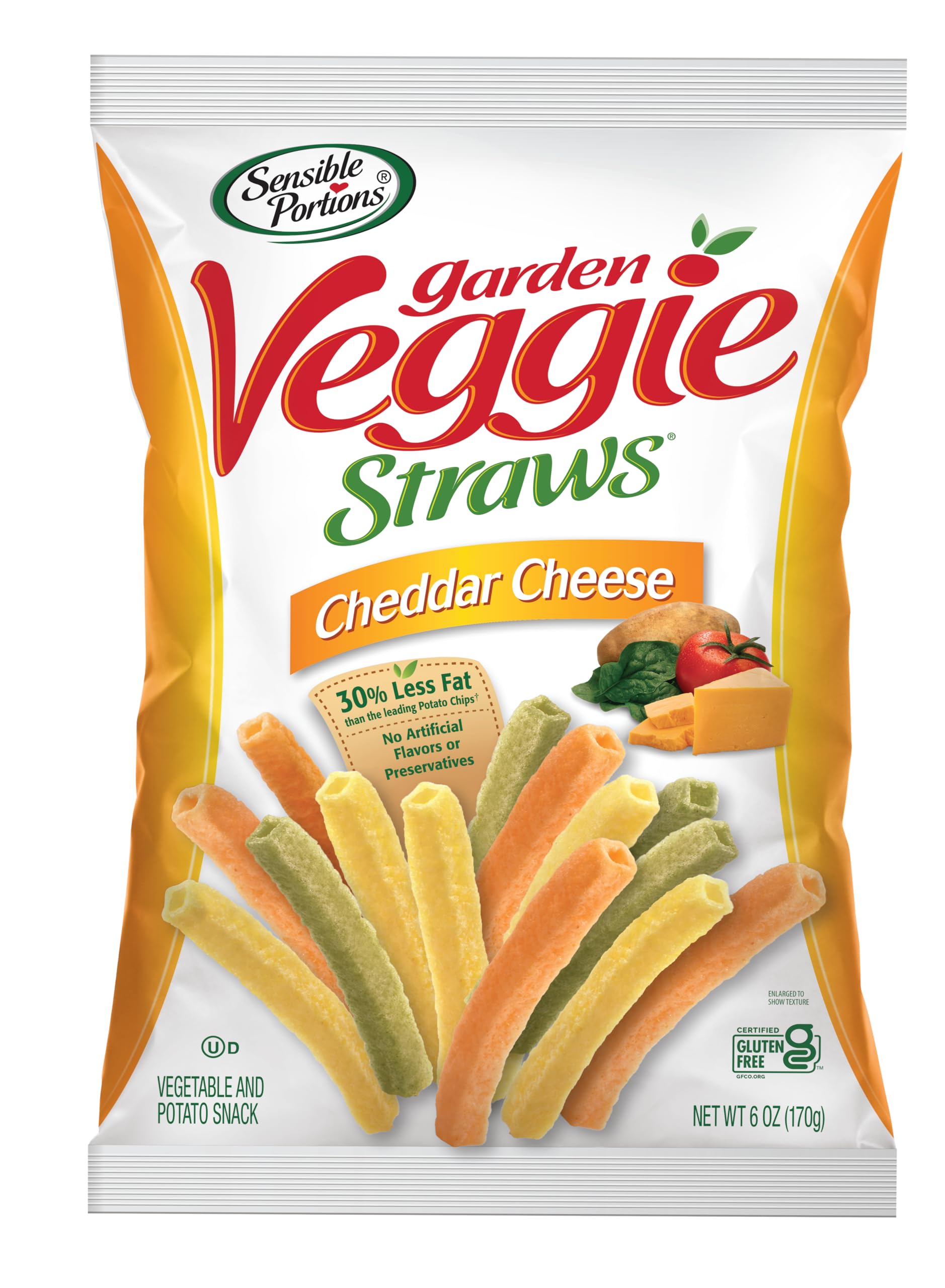 Sensible Portions Garden Veggie Cheddar Straws in a 6oz bag, crispy and flavorful.
