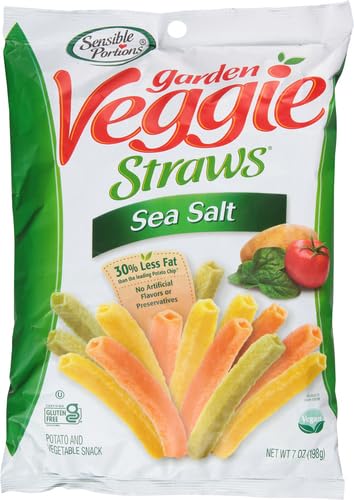 Sensible Portions veggie straws showcase colorful vegetable slices.