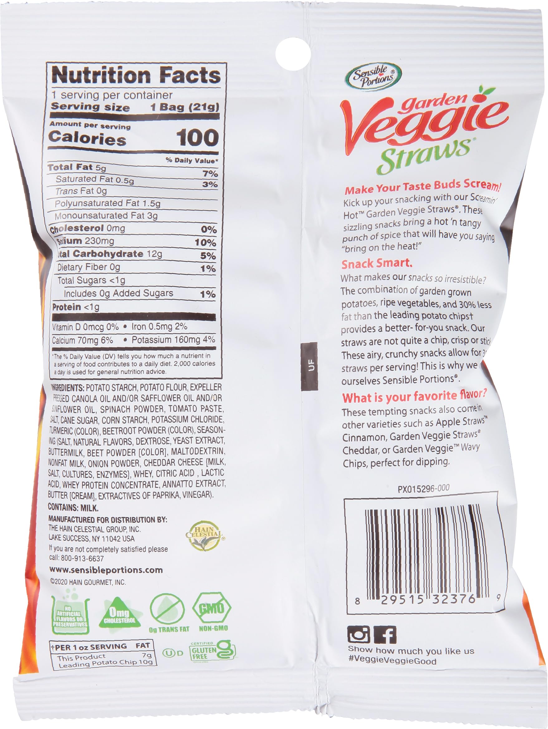 Sensible Portions Garden Veggie Straws Screamin' Hot bag closeup highlighting crisp texture.