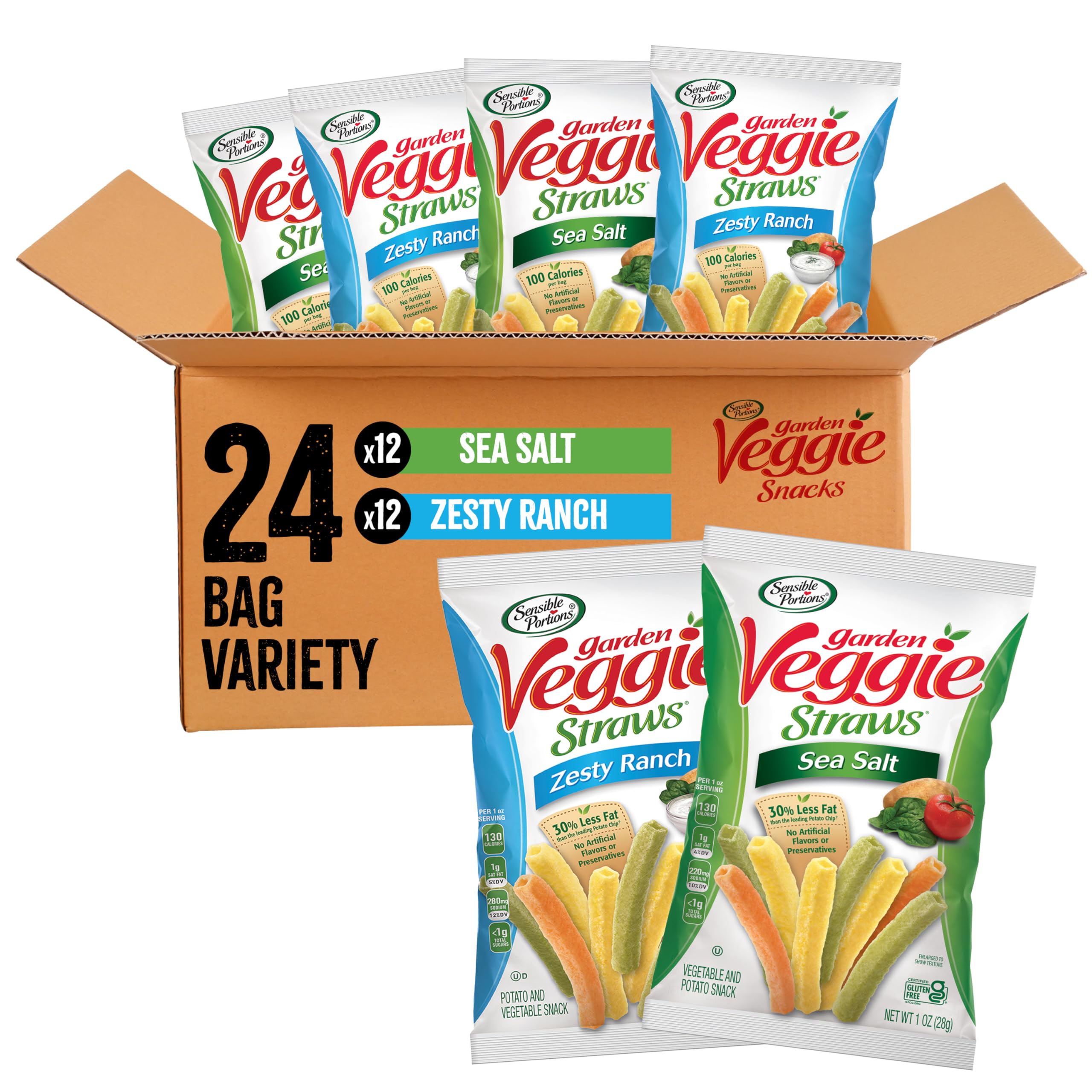 Sensible Portions Garden Veggie Straws Sea Salt bag – airy crunch with 30% less fat than chips.