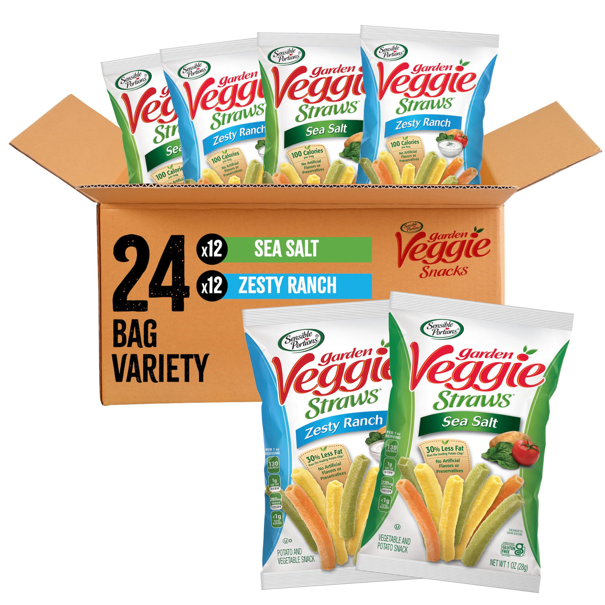 Sensible Portions Garden Veggie Straws Sea Salt bag – airy crunch with 30% less fat than chips.