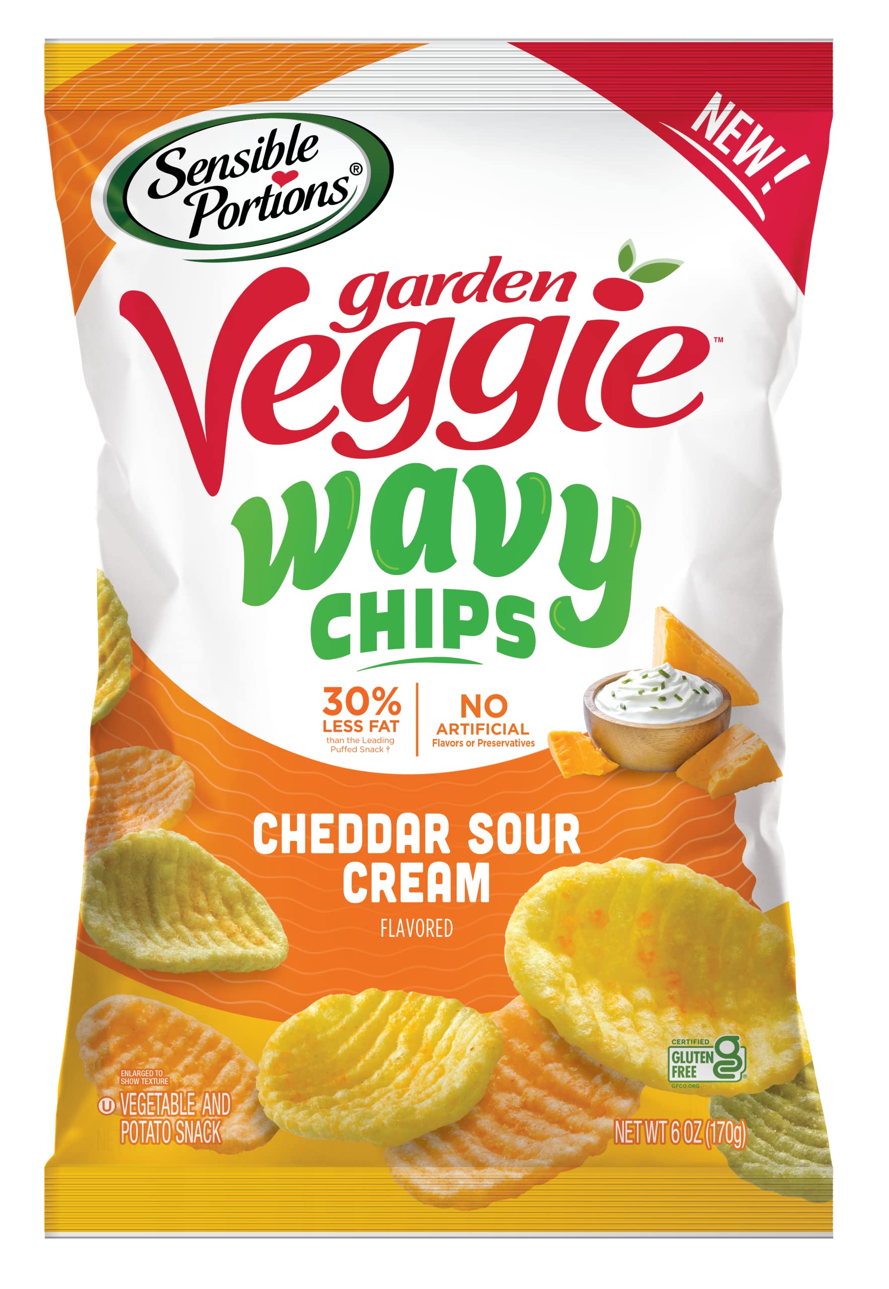 Sensible Portions Garden Veggie Wavy Cheddar Sour Cream bag, snack-worthy crunch