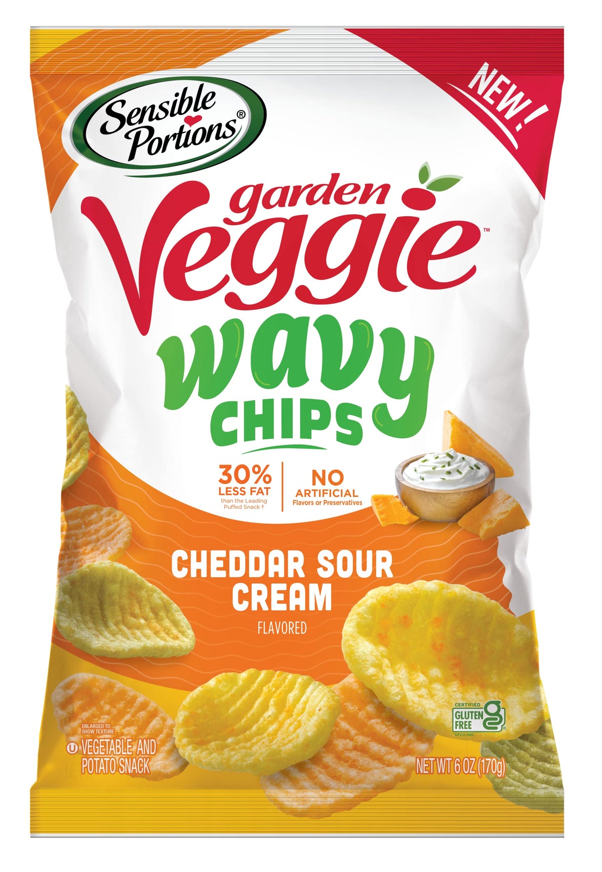 Sensible Portions Garden Veggie Wavy Cheddar Sour Cream bag, snack-worthy crunch