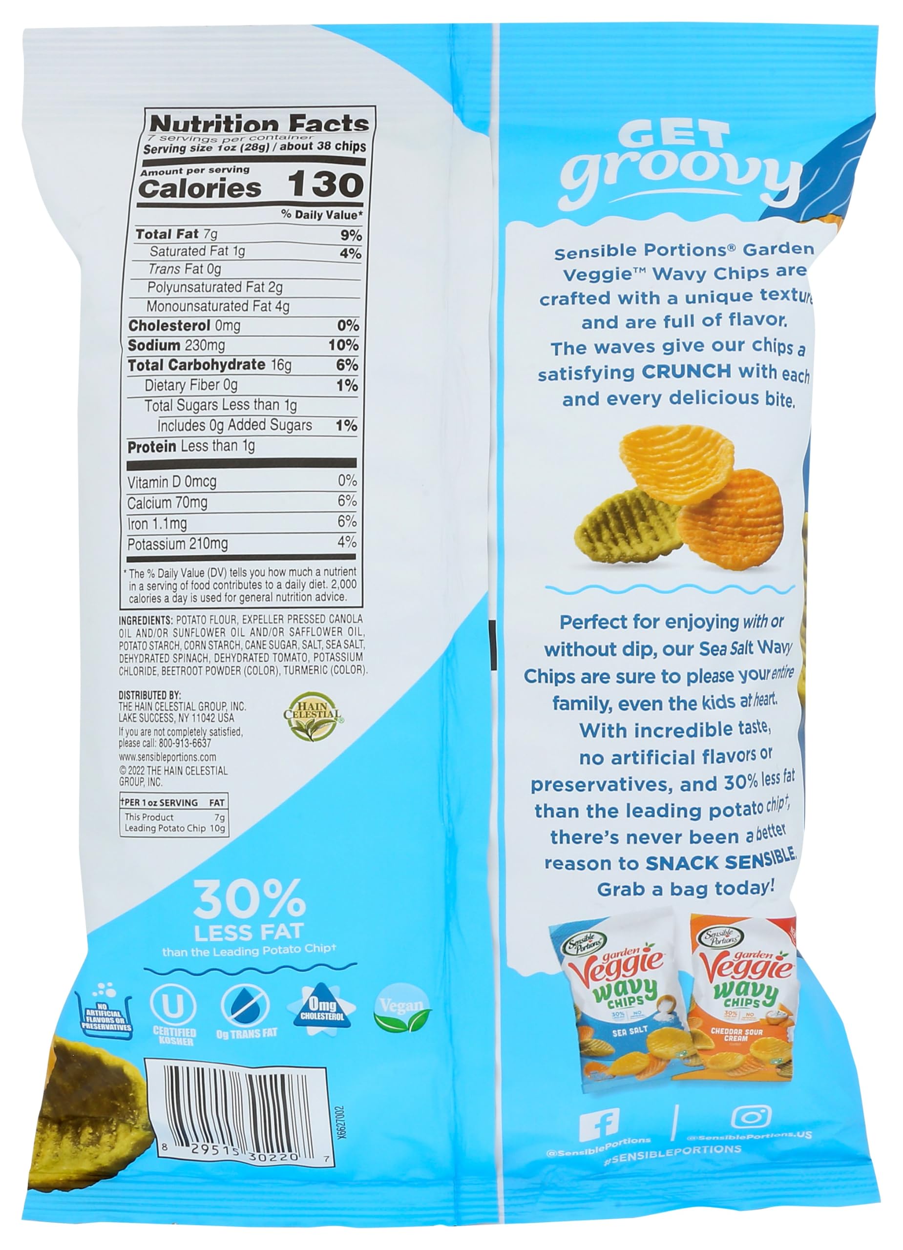 Sensible Portions Garden Veggie Wavy Chips close-up reveals crunchy waves, ideal for family snacking.