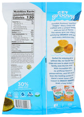 Sensible Portions Garden Veggie Wavy Chips close-up reveals crunchy waves, ideal for family snacking.