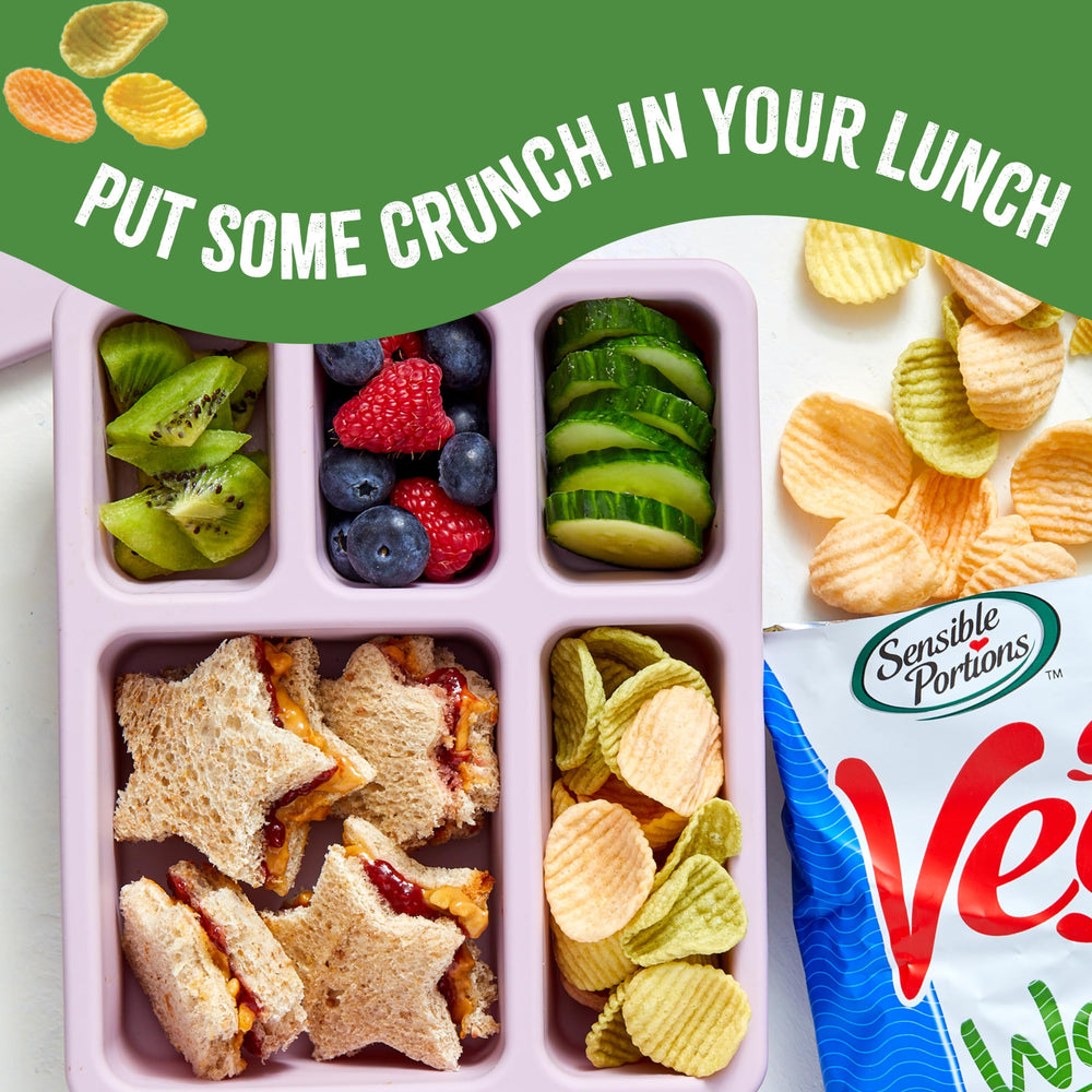 Sensible Portions Garden Veggie Wavy Chips shows zero fat and zero cholesterol claim