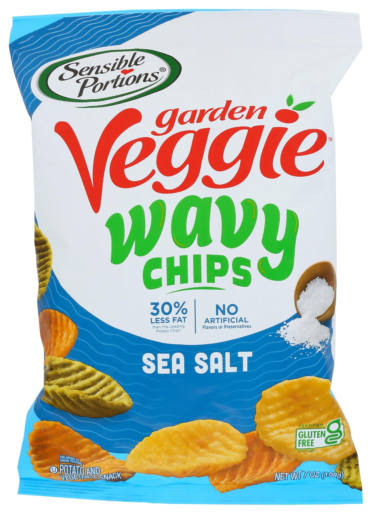 Sensible Portions Garden Veggie Wavy Chips sea-salt bag close-up showing crispy waves, great for dipping.