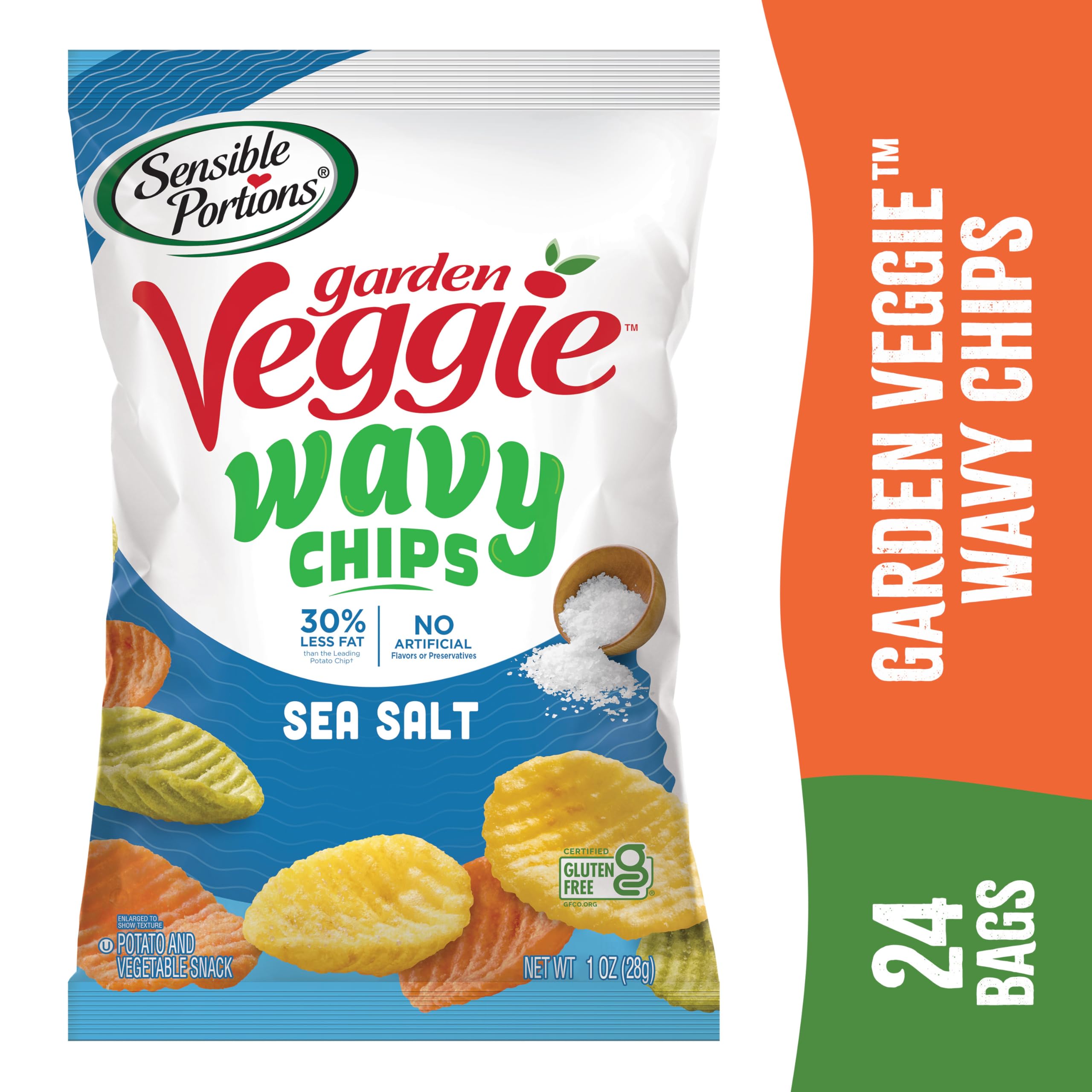 Sensible Portions Garden Veggie Wavy Chips kosher-certified seal on bag