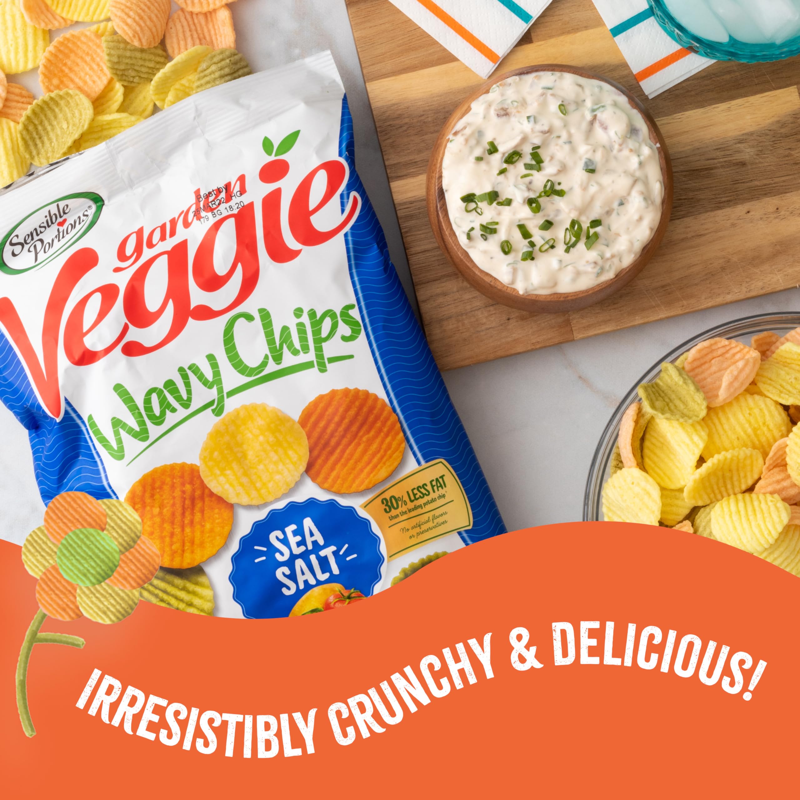 Sensible Portions Garden Veggie Wavy Chips non-GMO badge emphasized