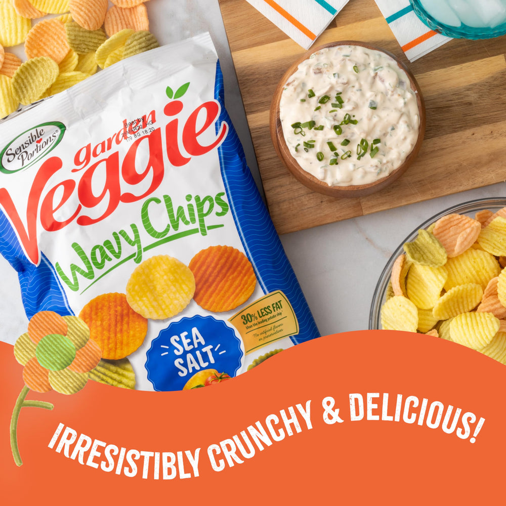 Sensible Portions Garden Veggie Wavy Chips non-GMO badge emphasized
