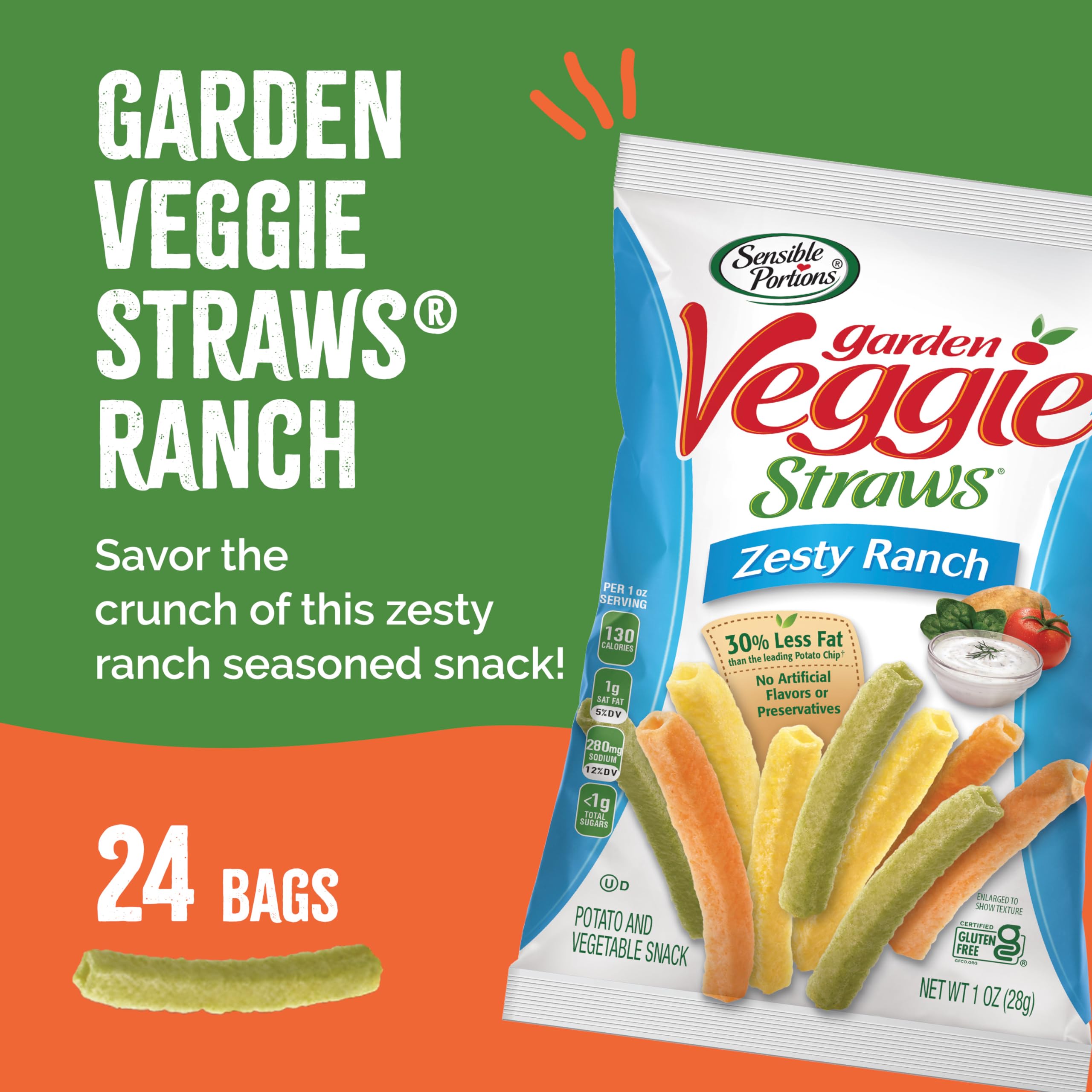 Sensible Portions ranch veggie straws close-up showing airy crunch.